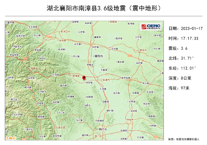 湖北襄阳五分钟内连发两次地震 震中位于武安镇